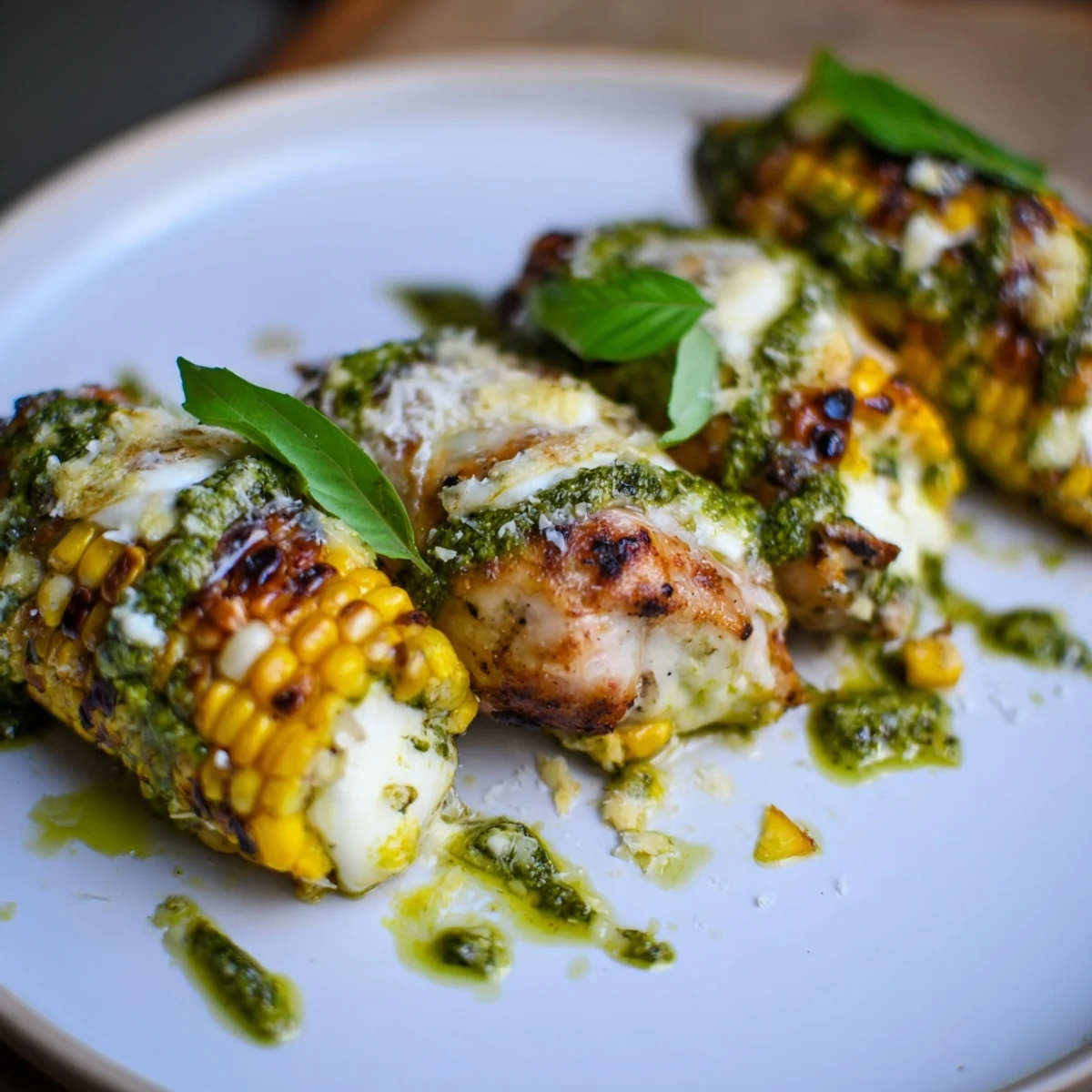 Juicy grilled corn and pesto stuffed chicken garnished with fresh basil leaves.  