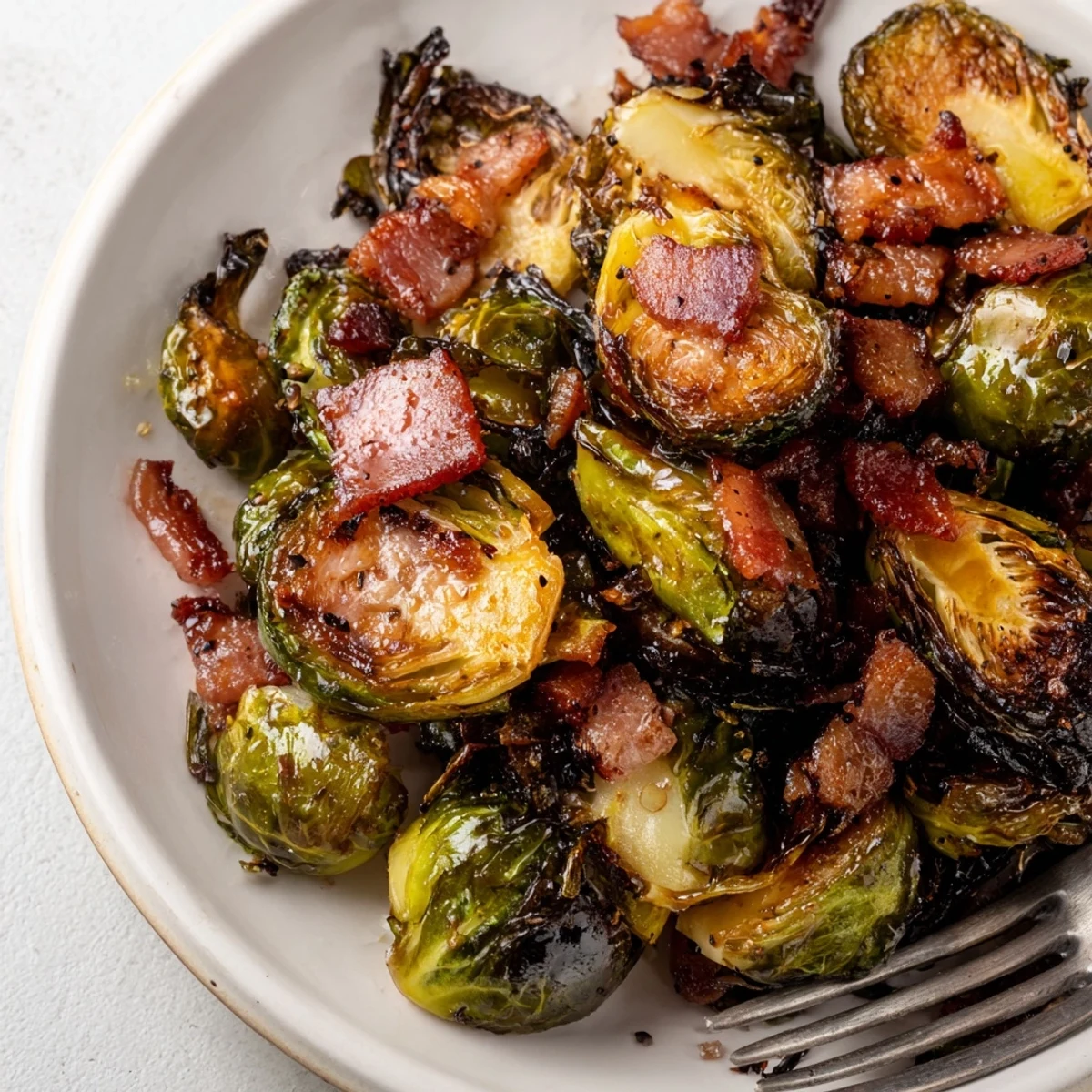 Roasted Brussels sprouts with smoky bacon and maple glaze, a delightful side dish.  