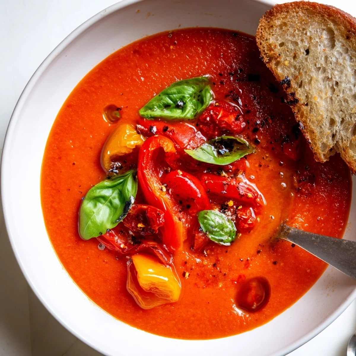 A steaming bowl of Spicy Tomato & Roasted Pepper Soup garnished with fresh basil.  