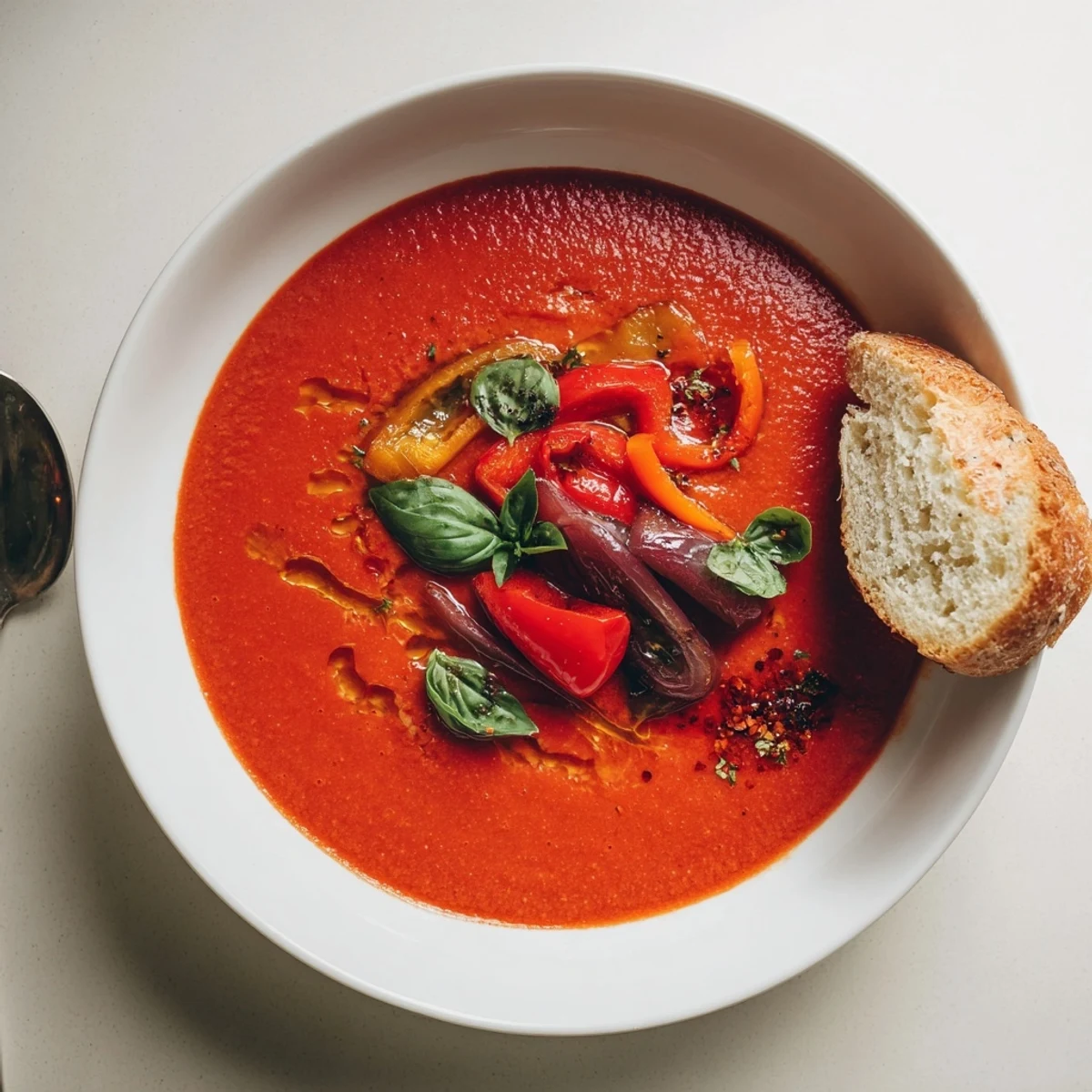Vibrant Spicy Tomato & Roasted Pepper Soup served with crusty bread for dipping.  