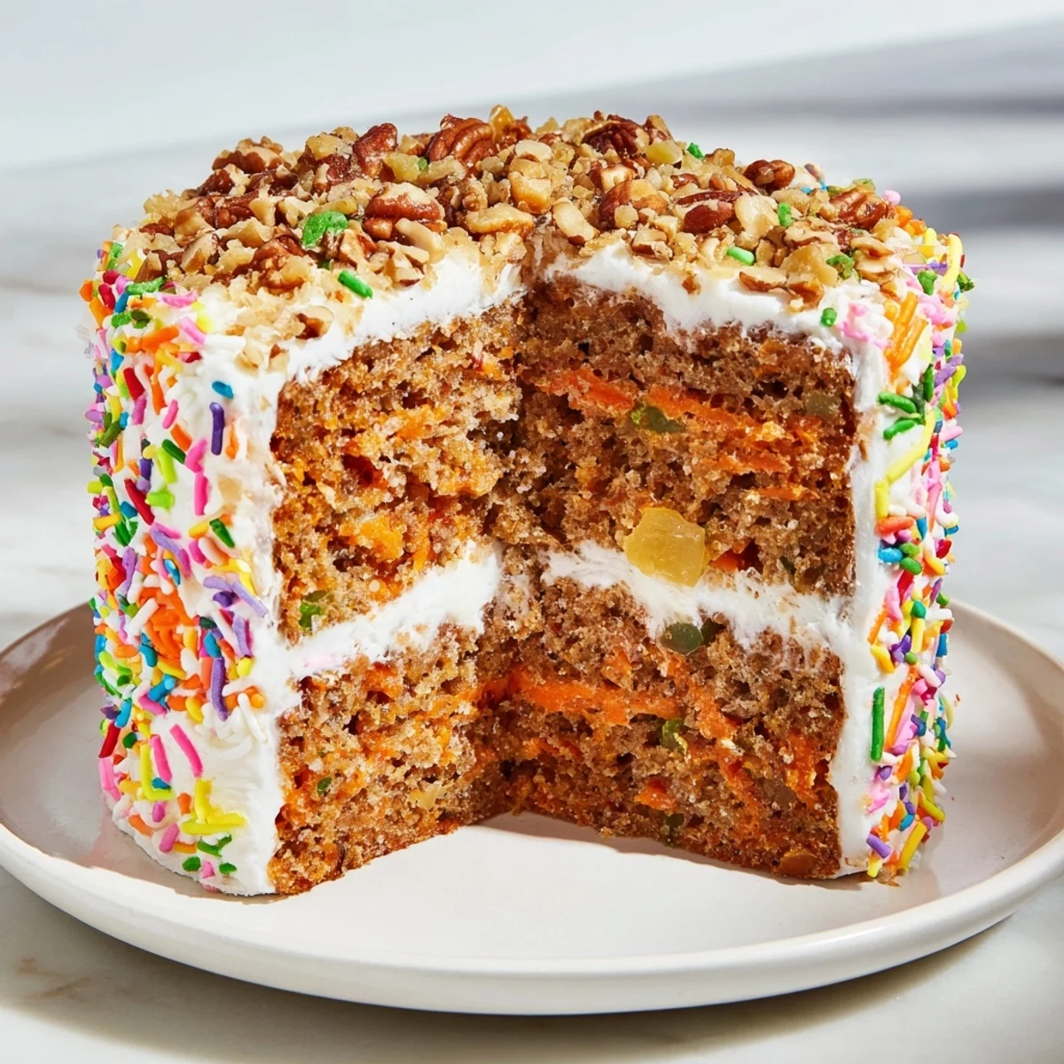 Moist, layered Silly Carrot Cake with carrots, nuts, and a delightful, extra-frosted top.