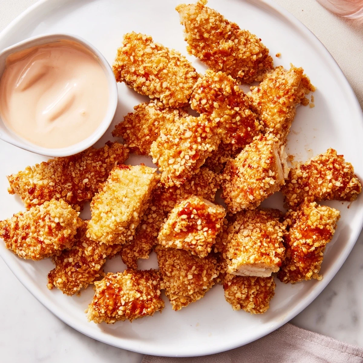 Golden-brown Bang Bang Chicken Bites coated in a sweet chili sauce, ready for dipping.