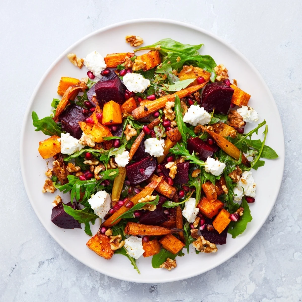Seasonal Root Vegetable & Goat Cheese Salad, vibrant colors with roasted veggies on greens.