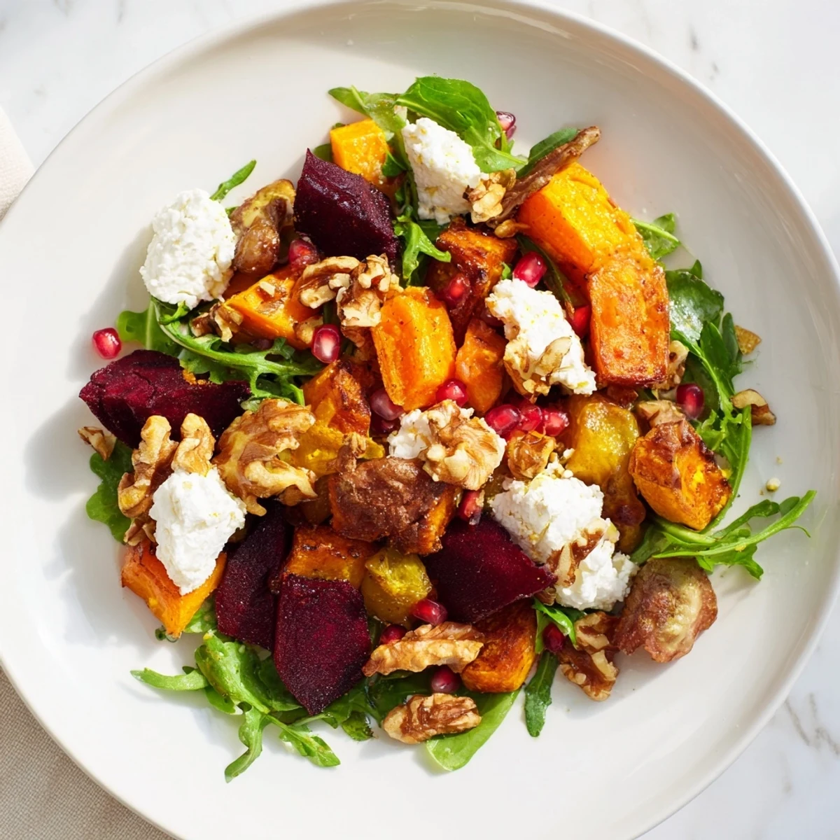 Top view of a freshly made Seasonal Root Vegetable & Goat Cheese Salad, perfect for a light lunch.