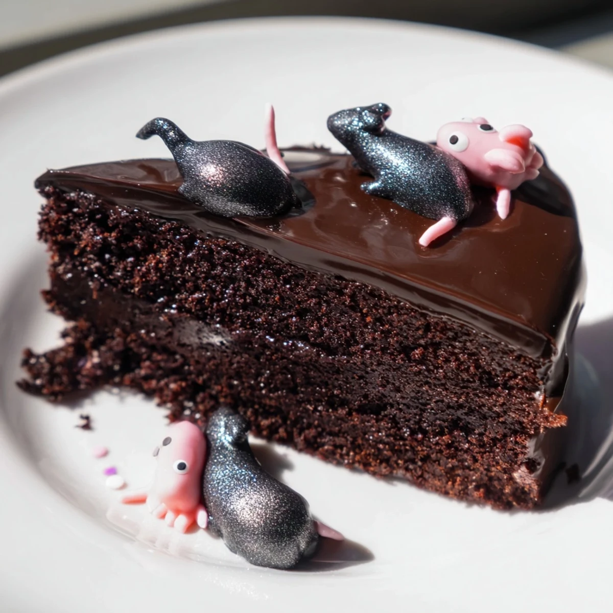 Decadent Rat Cake with Whipped Chocolate Ganache; a moist, dark chocolate dessert with playful rat details.