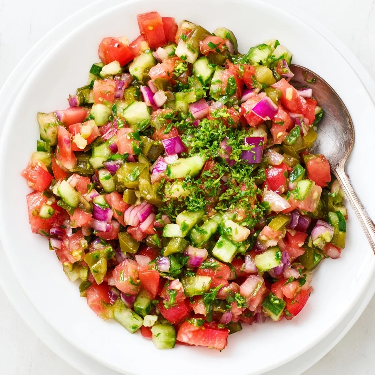 A colorful bowl filled with fresh Pickle De Gallo Salsa, ready for dipping and enjoying.