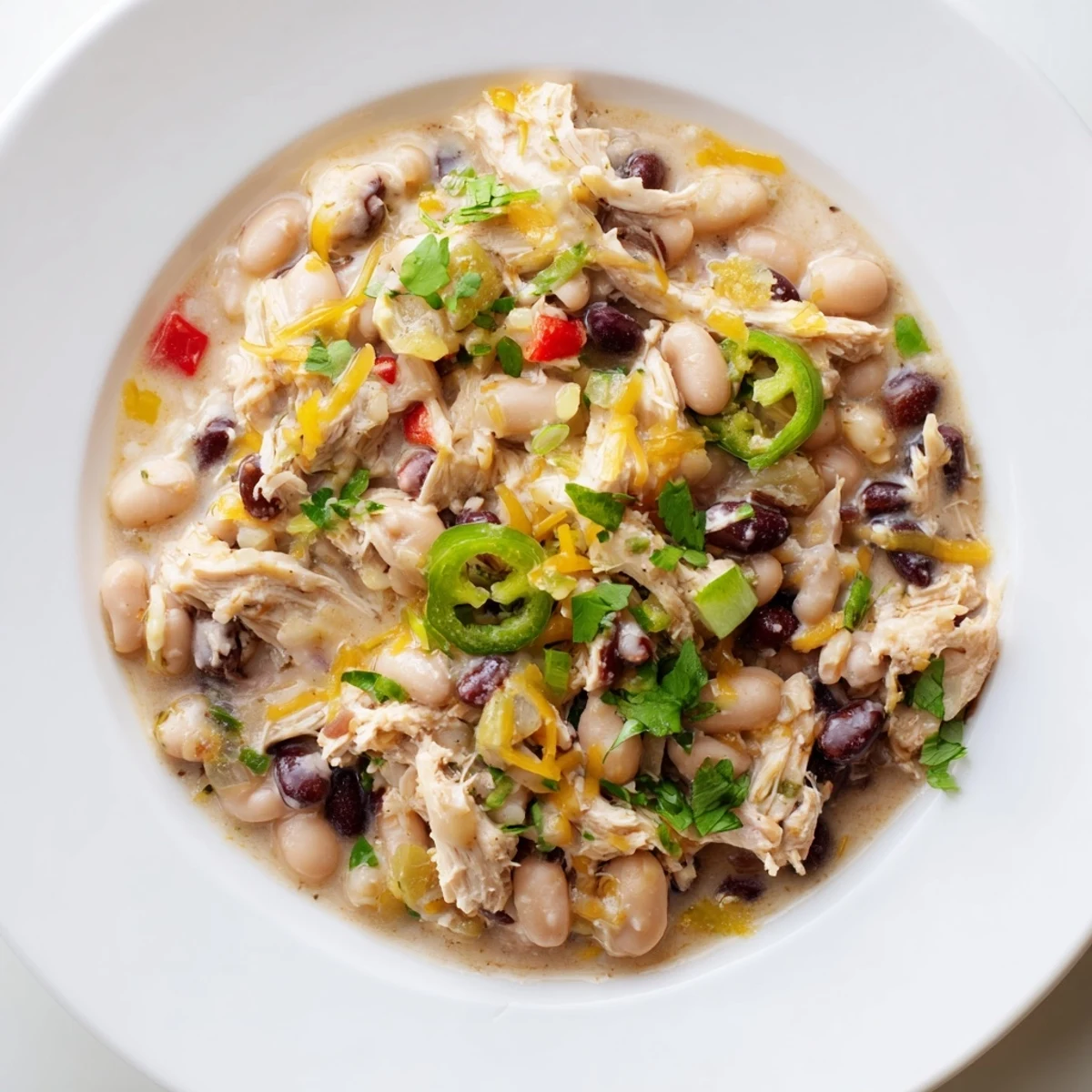 A steaming bowl of slow cooker white chicken chili with black beans, topped with fresh cilantro.