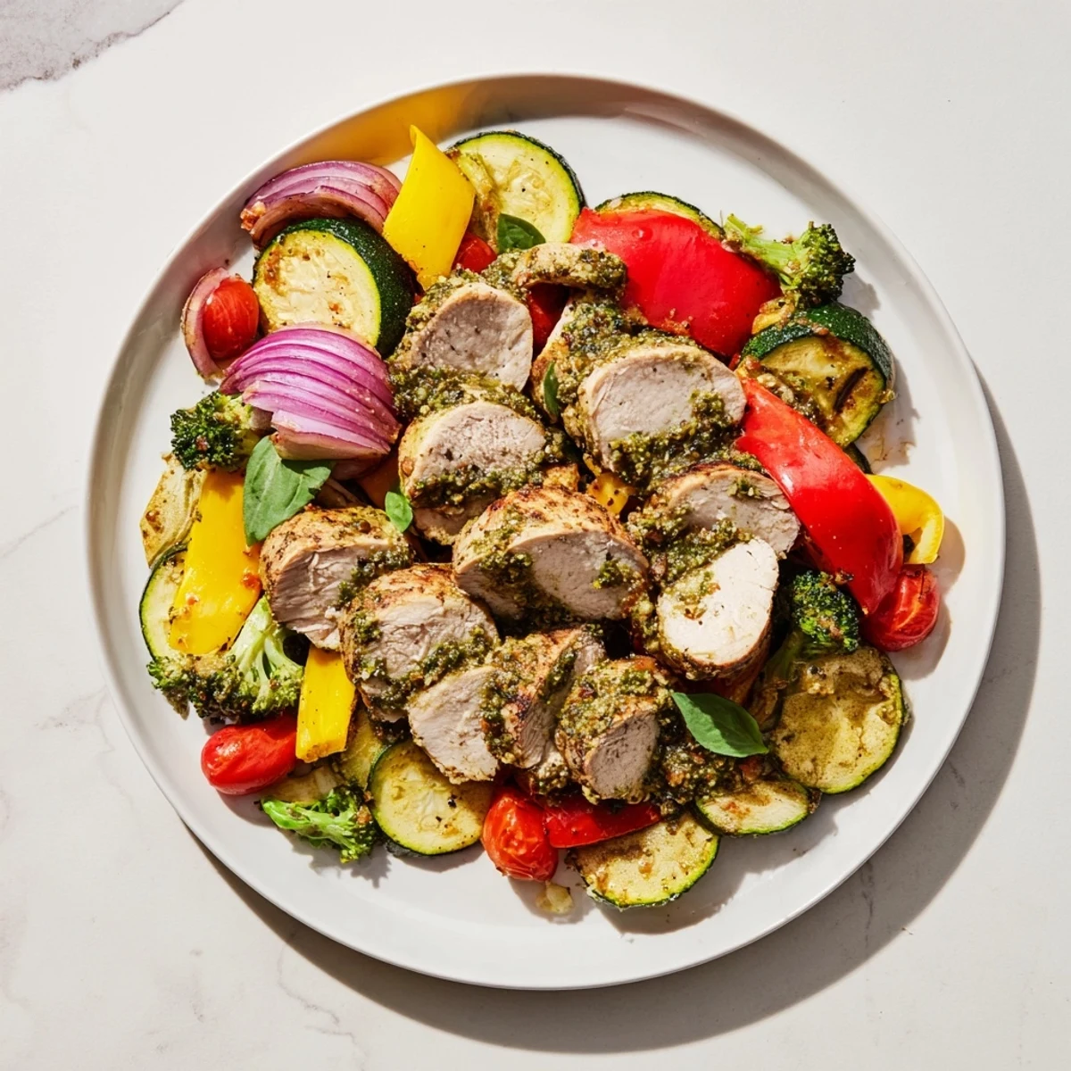 Savory Quick Lemon Pesto Chicken Sheet Pan with vibrant vegetables, ready for a delicious, healthy meal.