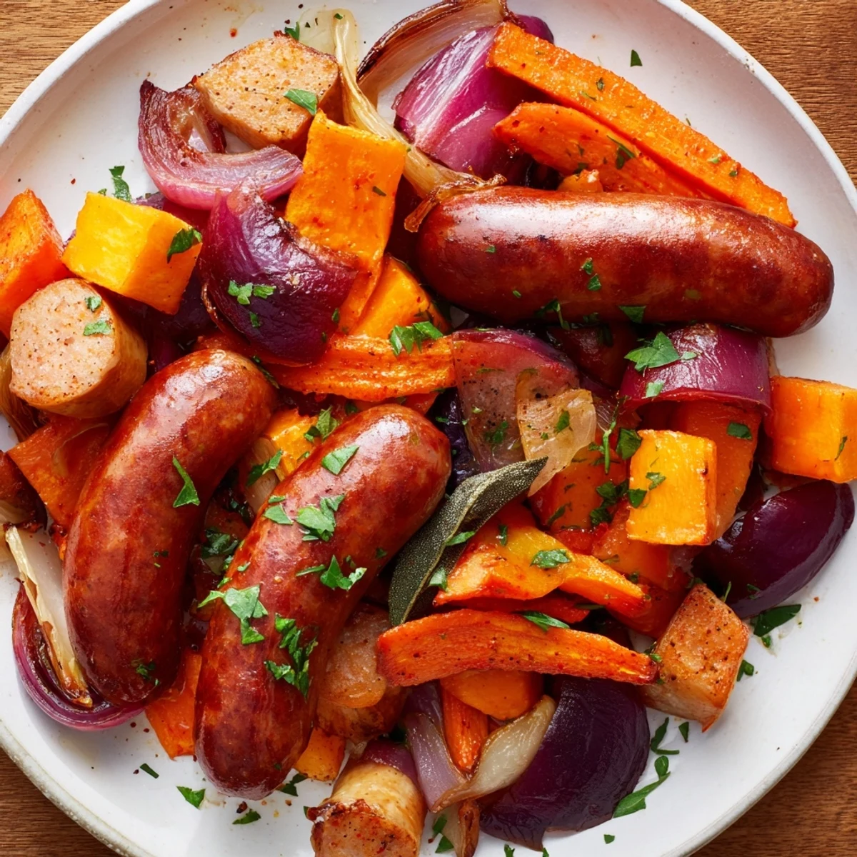 Golden brown Sheet Pan Roasted Sausage, Squash & Root Vegetables with glistening, perfectly caramelized vegetables.