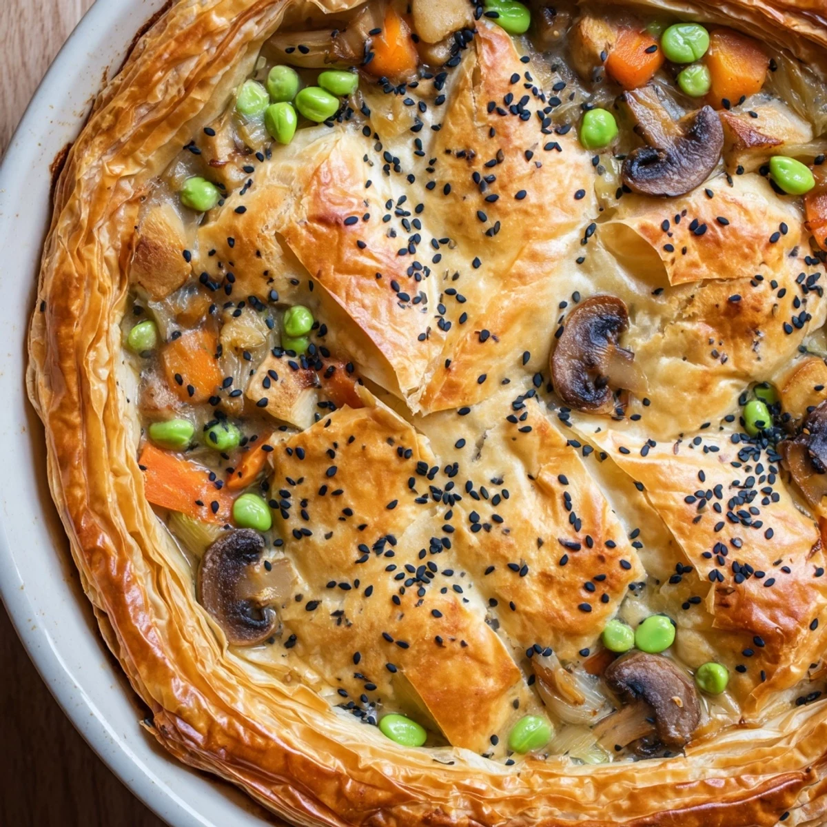 Golden-crusted Japanese-Inspired Chicken Pot Pie with visible steam, ready for a comforting bite.