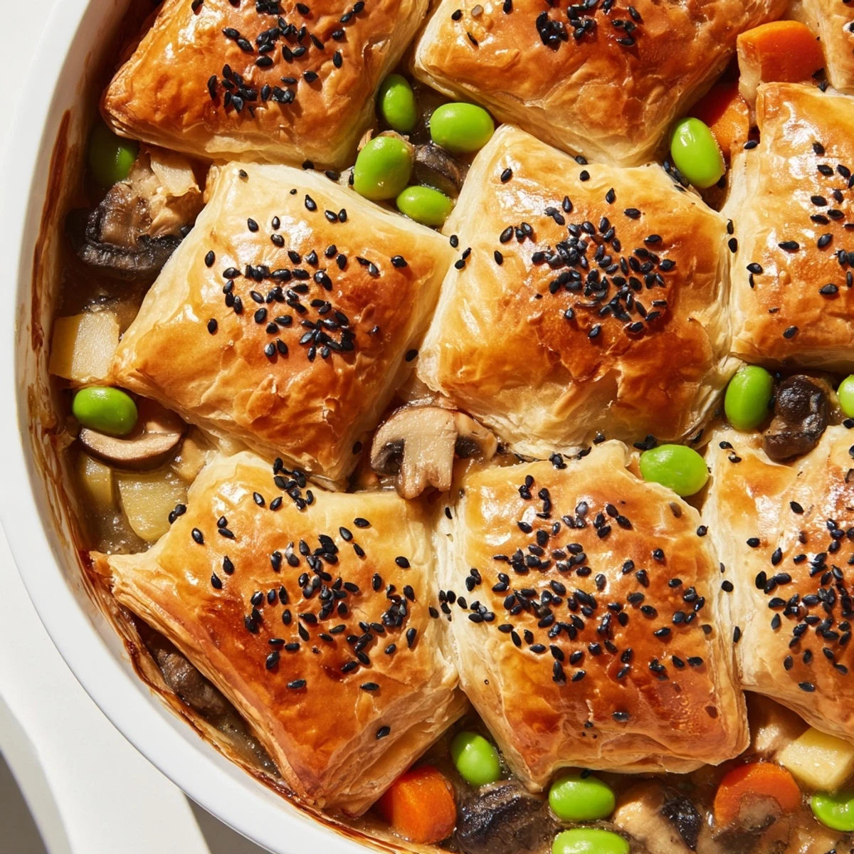 A close-up of a delicious Japanese-Inspired Chicken Pot Pie, showcasing a rich, umami-laden filling.