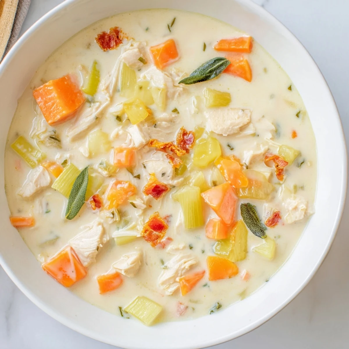 A flavorful bowl of Marry Me Chicken Soup topped with crispy sage and parmesan.