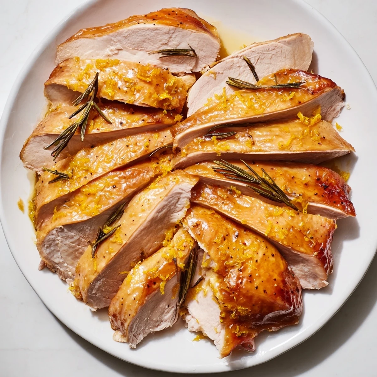 Golden-brown Limoncello-Glazed Roast Turkey Breast, glistening with a vibrant, citrus-infused glaze, ready to be carved.