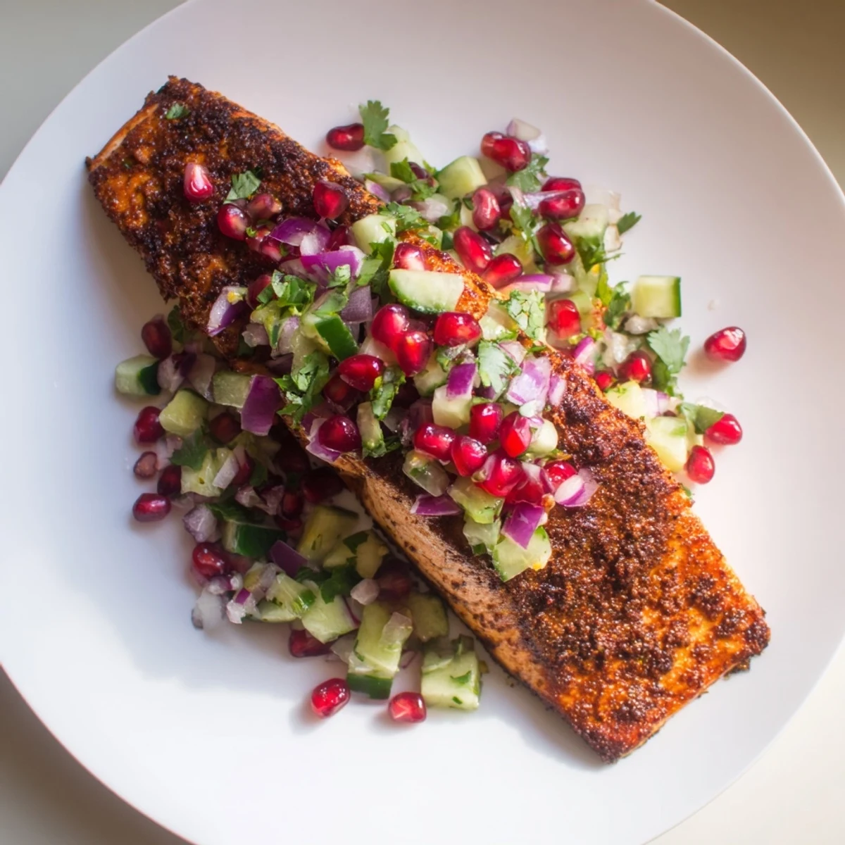 Close-up of Cajun Spiced Salmon, showing spicy, flavorful fish beside a beautiful pomegranate salsa.