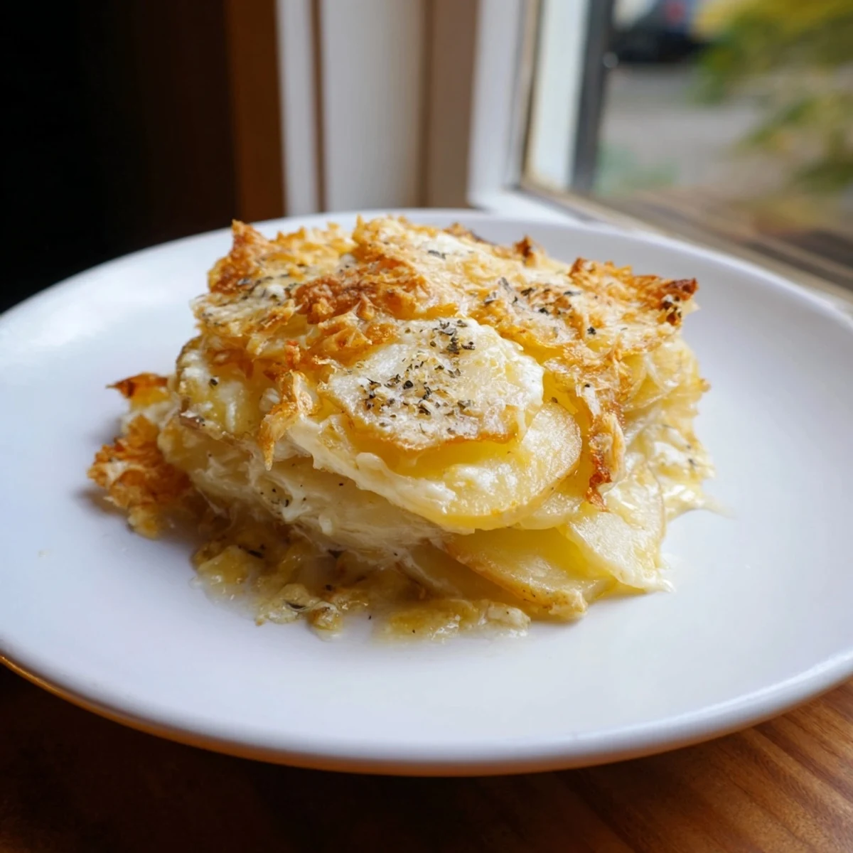 A close-up of a richly textured Kombu-Infused Creamy Potato Gratin, showing layered potatoes and melted cheese.