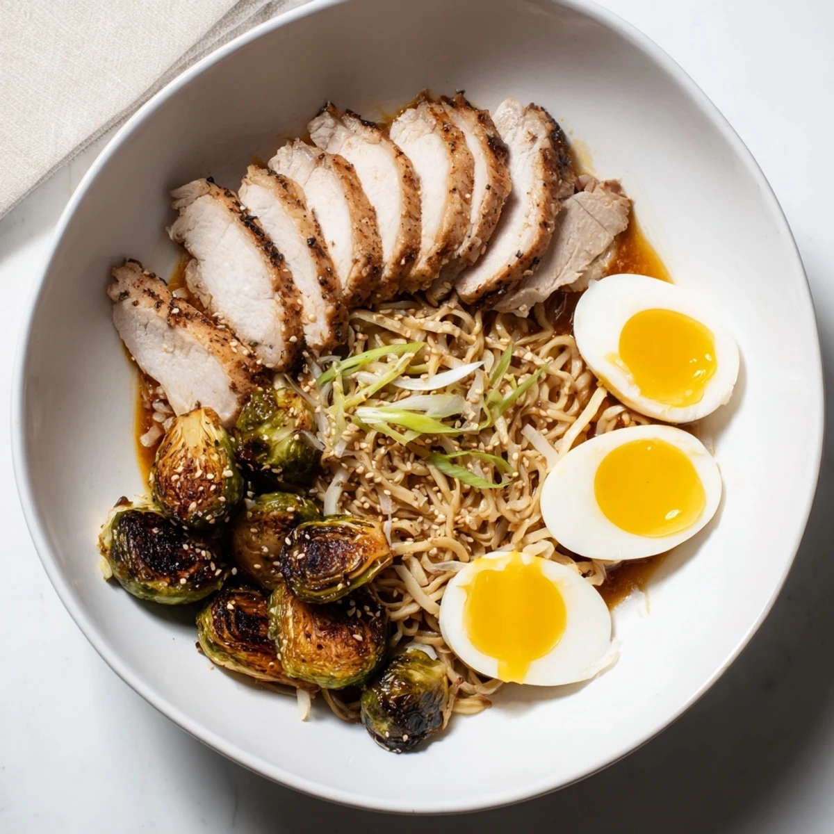 Steaming bowl of Fusion Turkey Ramen with golden Brussels sprouts and soft-boiled eggs, delicious!