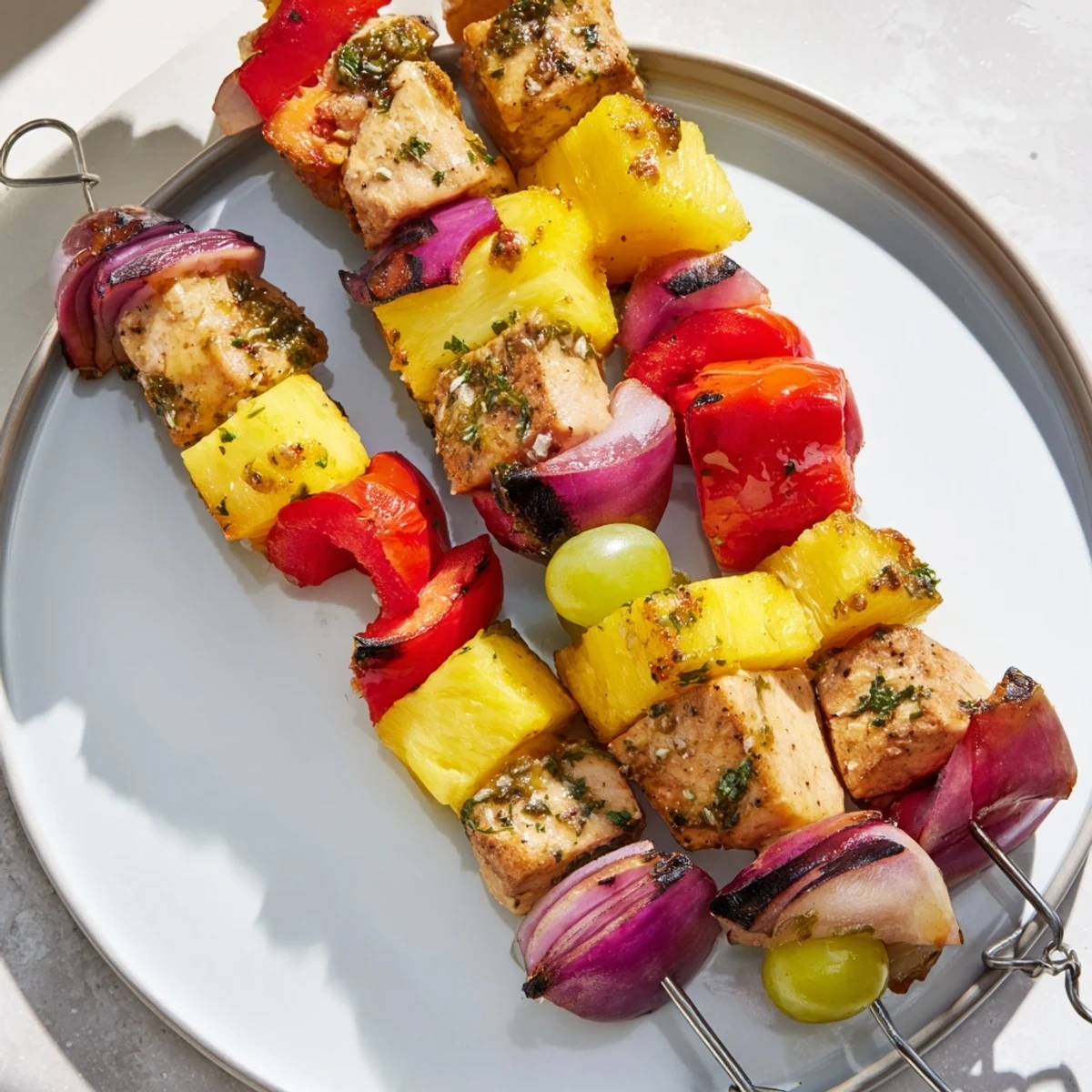 Golden-brown Savory Fruit Turkey Skewers showcasing tender turkey, vibrant fruit, and a glistening herb glaze.