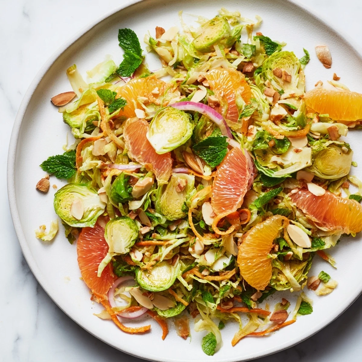 Sparkling Citrus Brussels Sprouts Slaw with colorful citrus segments and crunchy almonds, ready to serve.
