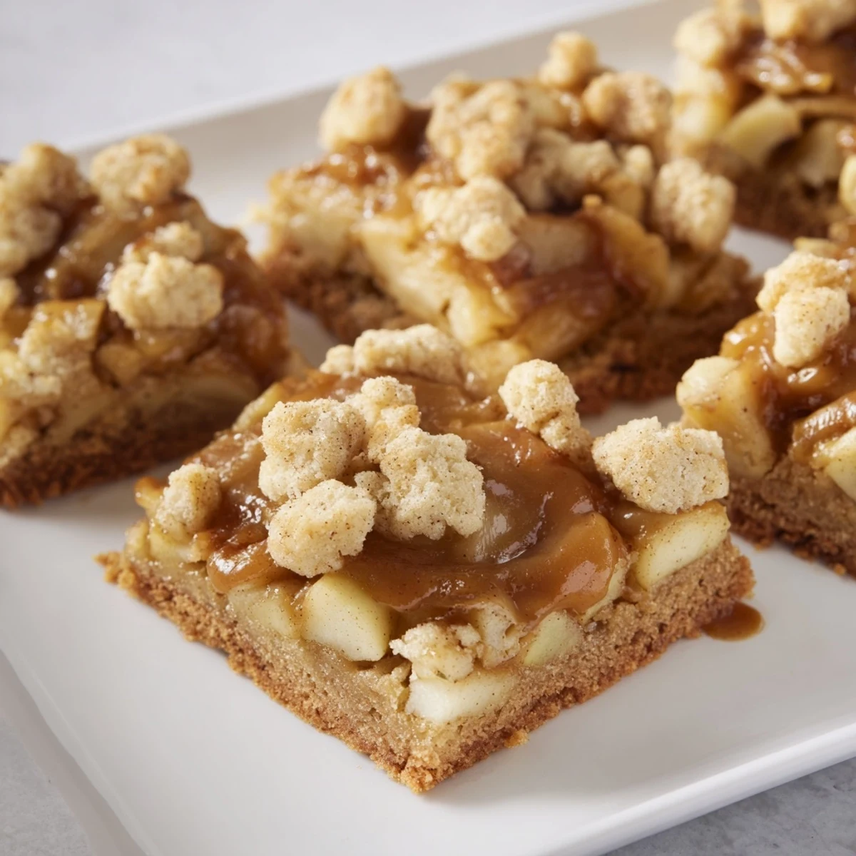 Close-up of freshly baked Caramel Apple Cookie Bars, showing gooey caramel and sweet apples.