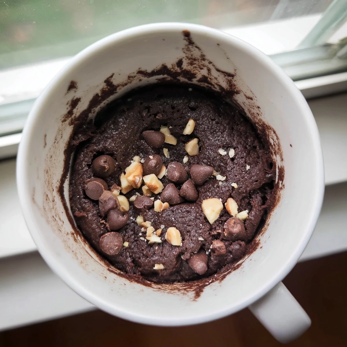 Steaming hot microwaved mug cake, perfect for a quick and easy dessert craving.