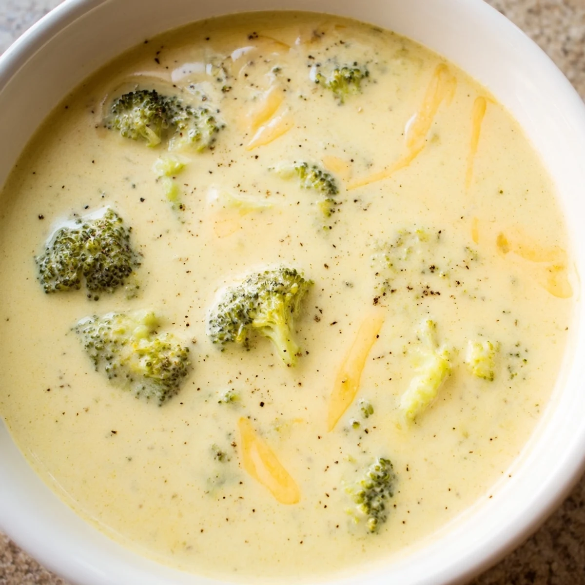 A steaming bowl of comforting Broccoli Cheese Soup, with melted cheese and fresh, green broccoli florets.