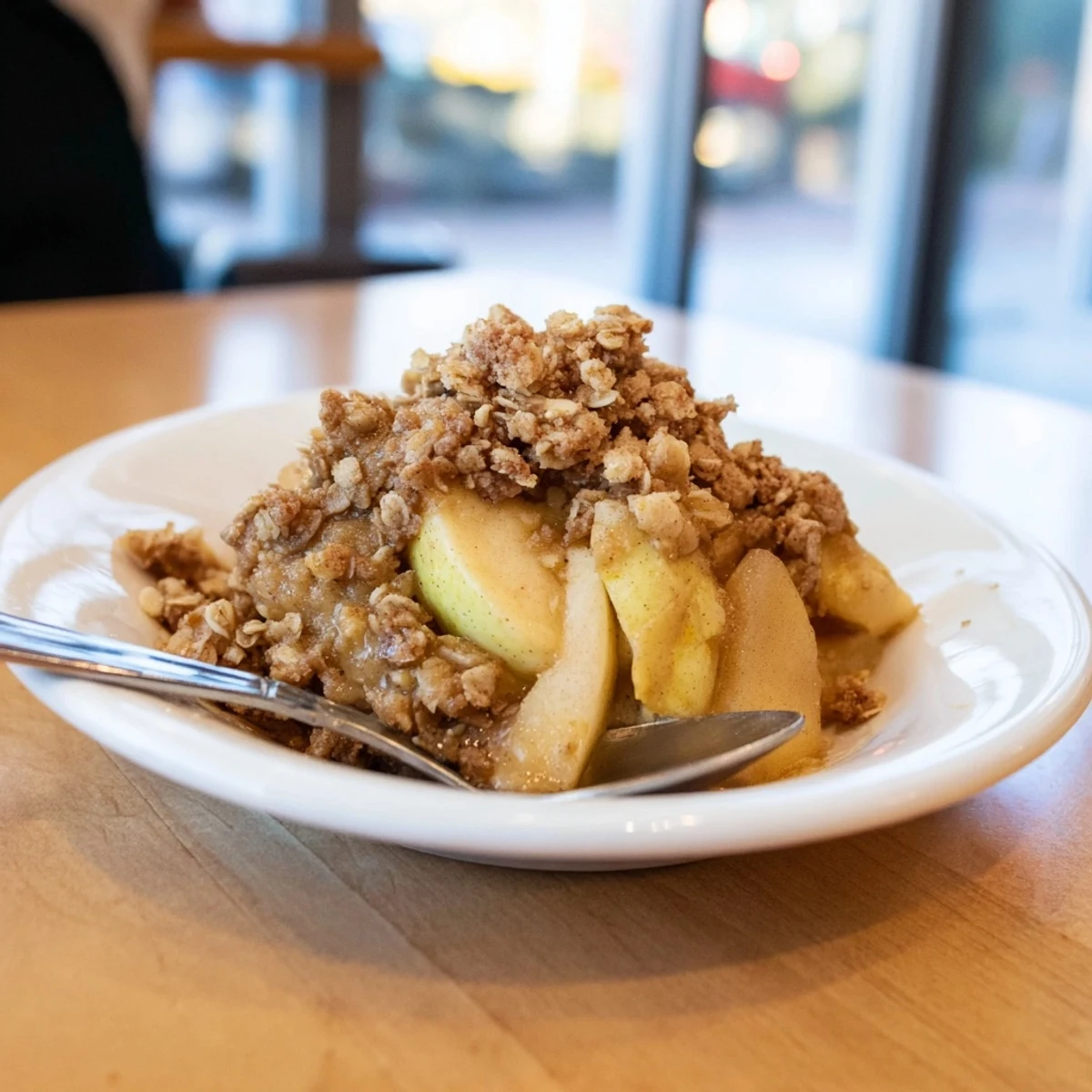 Golden-brown Apple Crisp with a bubbling, sweet apple filling ready to be enjoyed.
