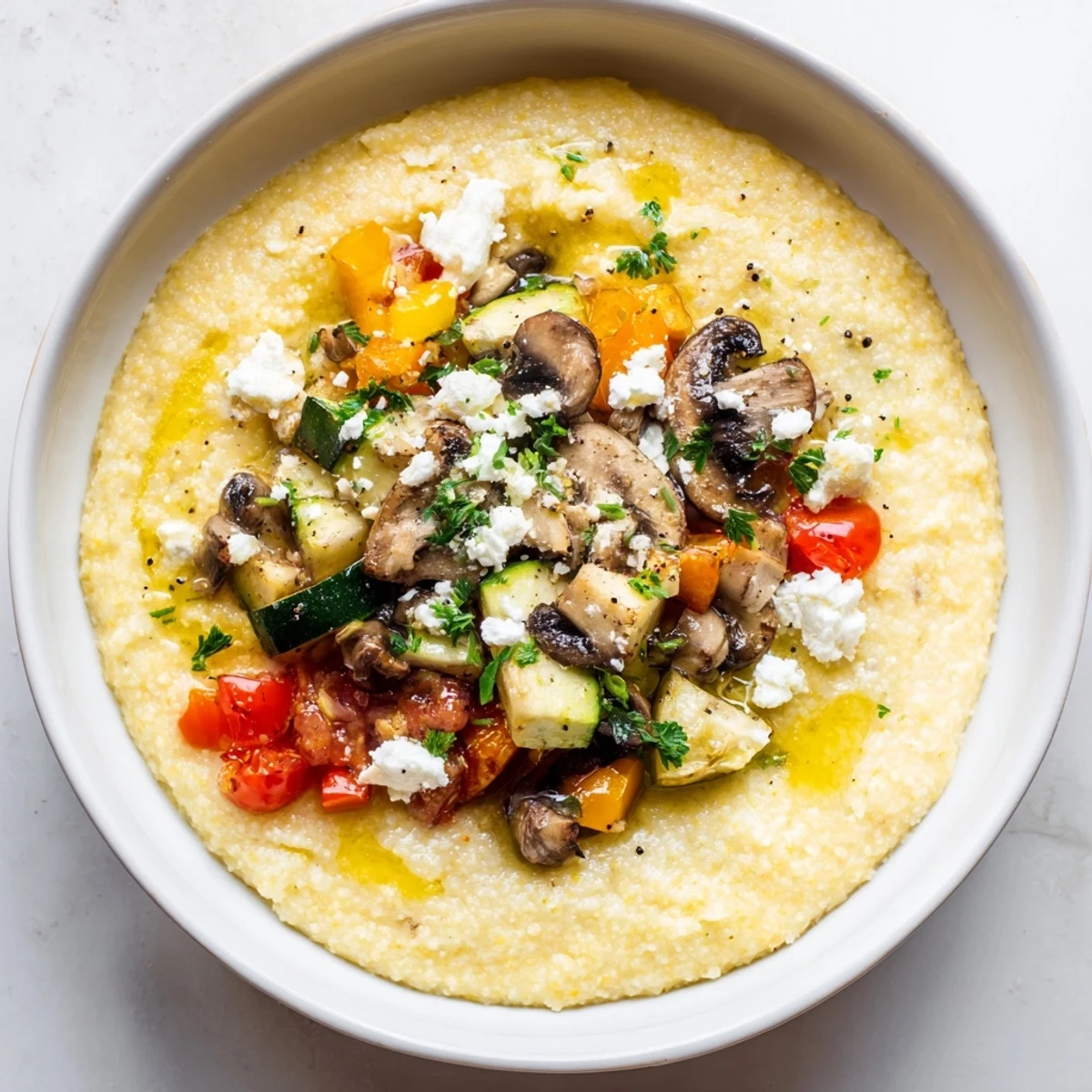Creamy Cornmeal Mush Polenta Bowls with roasted vegetables and a fried egg, ready to be enjoyed.