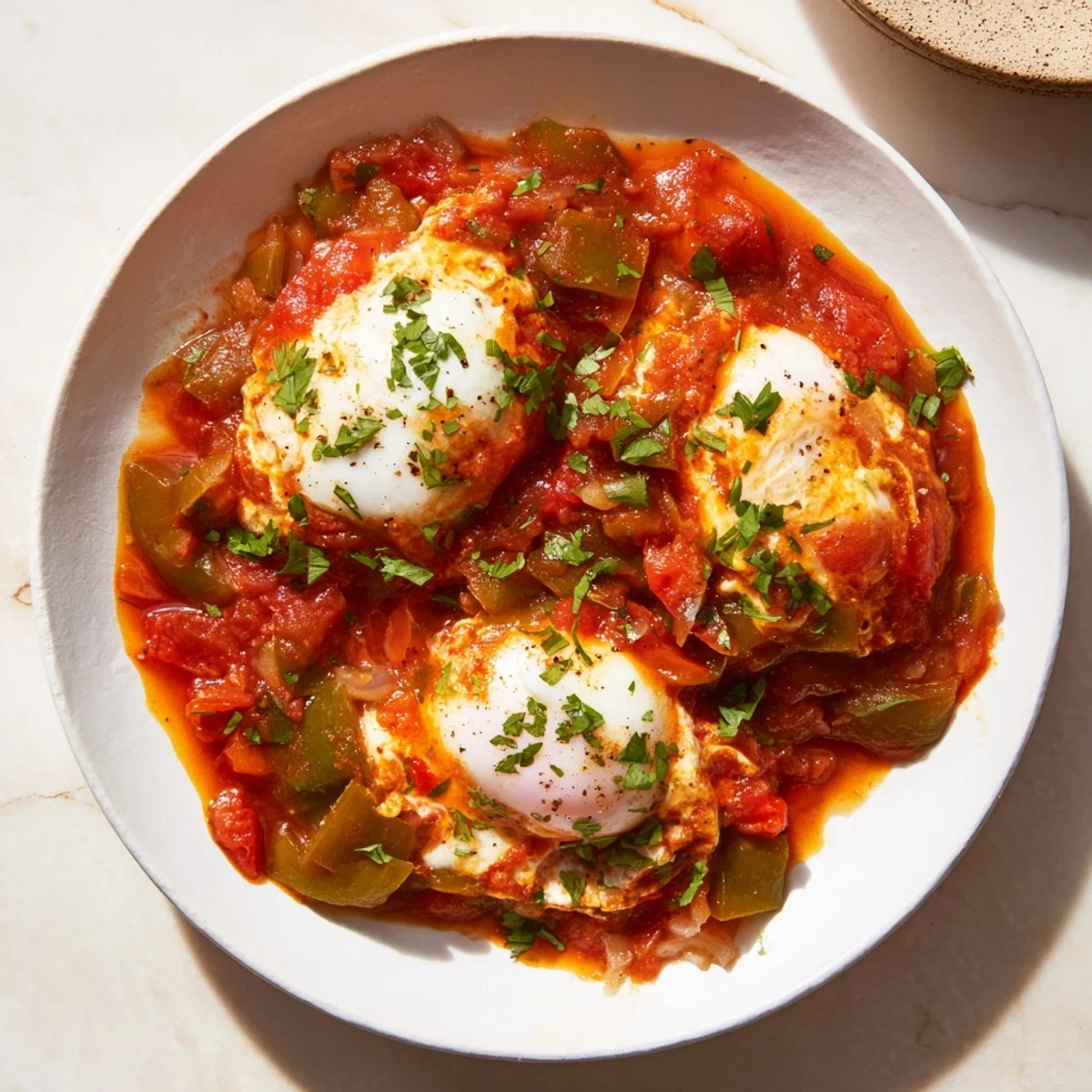 A bubbling skillet of Shakshuka, with its rich tomato sauce and perfectly poached eggs, ready to enjoy.