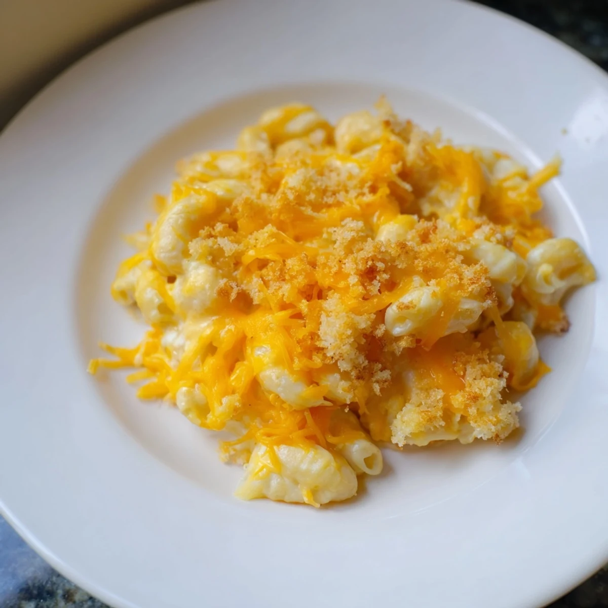 A close-up of creamy Mac & Cheese with Evaporated Milk, showing melted cheese and a crispy crust.
