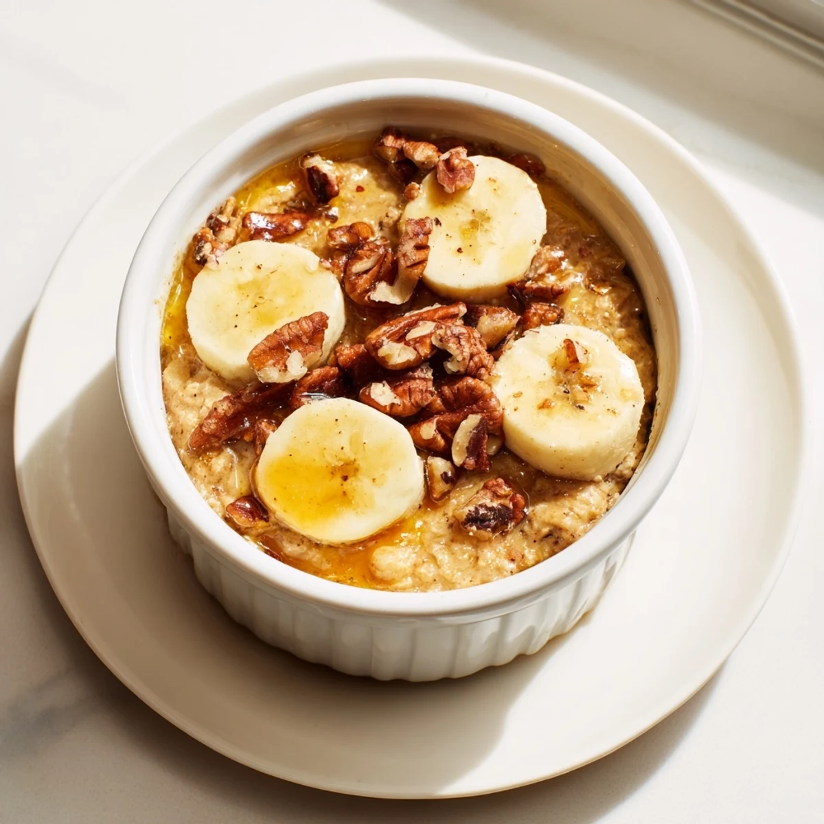 Golden baked oats ramekins with banana slices and sweet honey drizzle, a perfect breakfast.