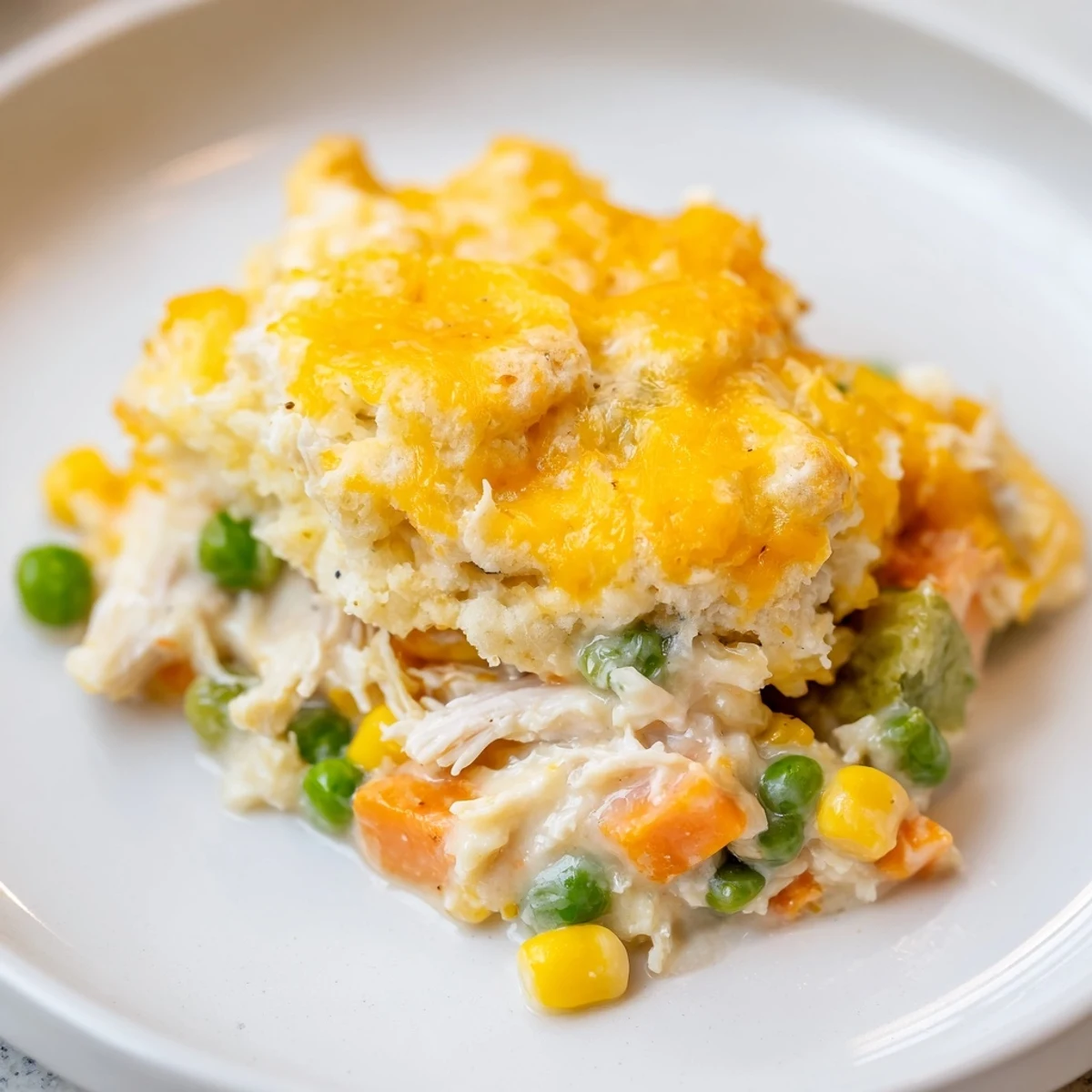 Golden cheddar biscuits topping a bubbly, savory One-Pan Chicken Cobbler with visible chicken pieces.