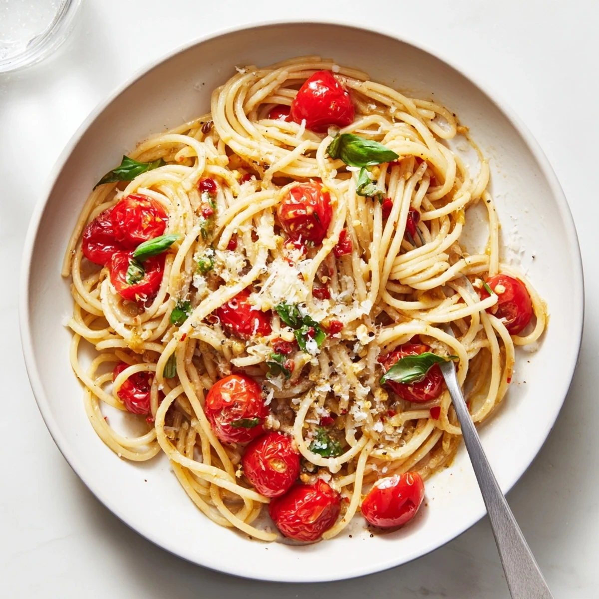 Steaming skillet of Lazy-Girl Pasta with juicy tomatoes and fresh basil, ready to eat.