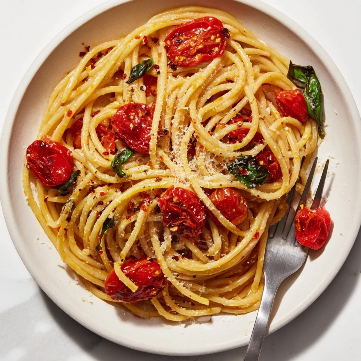 Close-up of bright red cherry tomatoes in the flavorful, easy Lazy-Girl Pasta recipe.