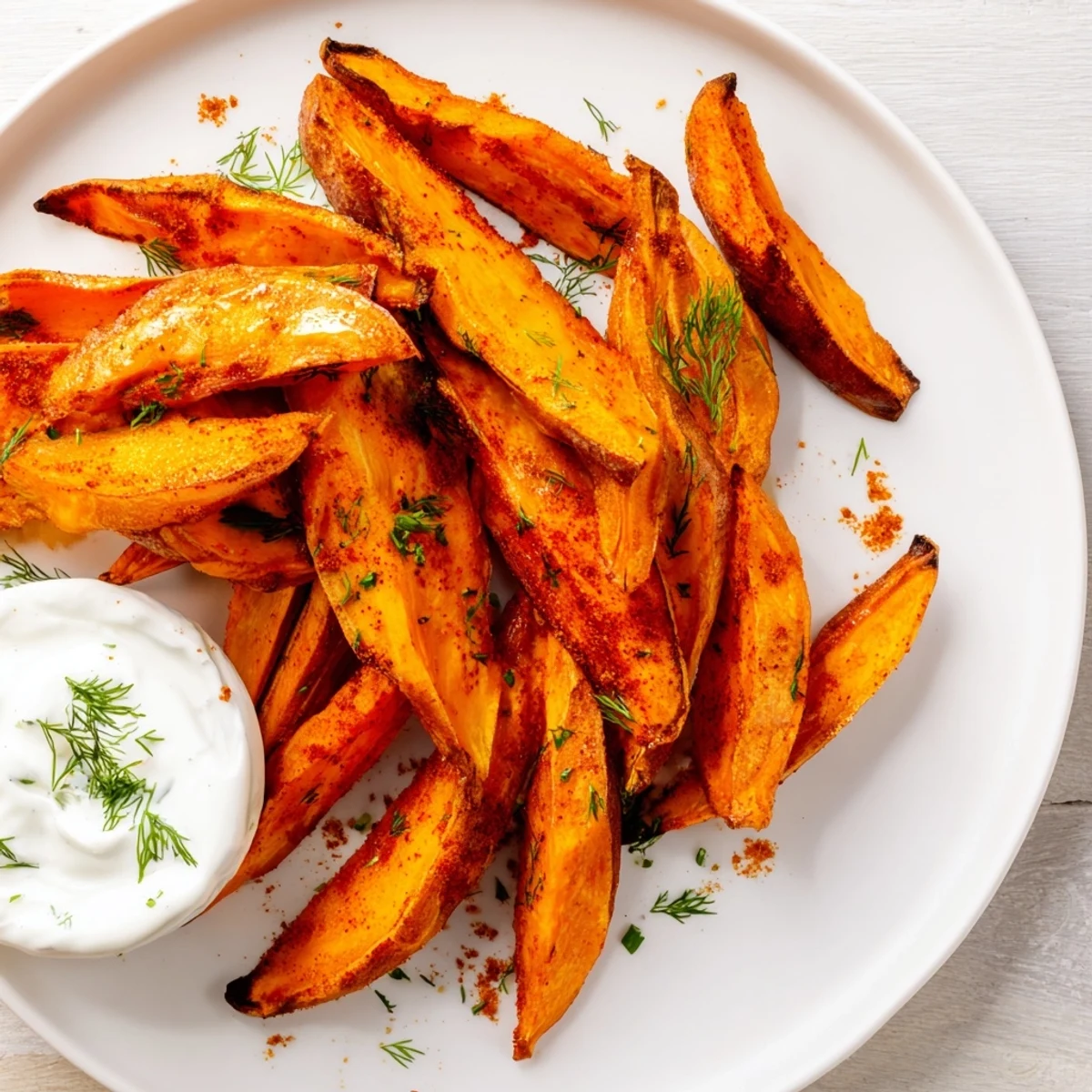 Golden roasted sweet potato wedges glistening, served with creamy, herb-infused yogurt dip.