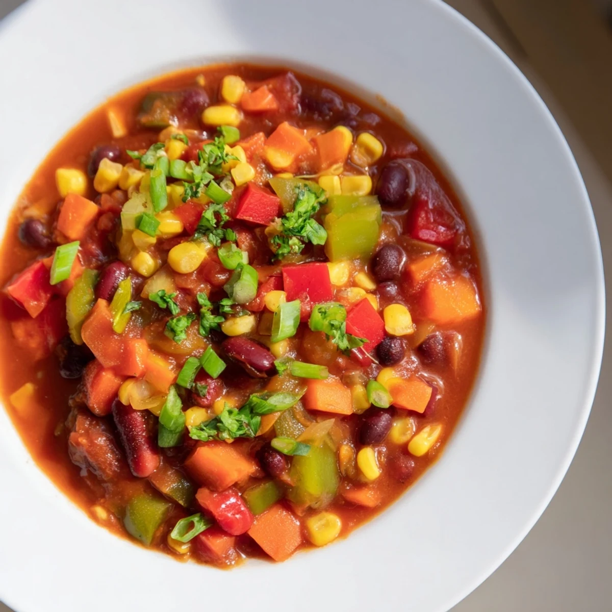 Steaming bowl of veggie chili topped with cilantro, ready for a comforting vegan meal.