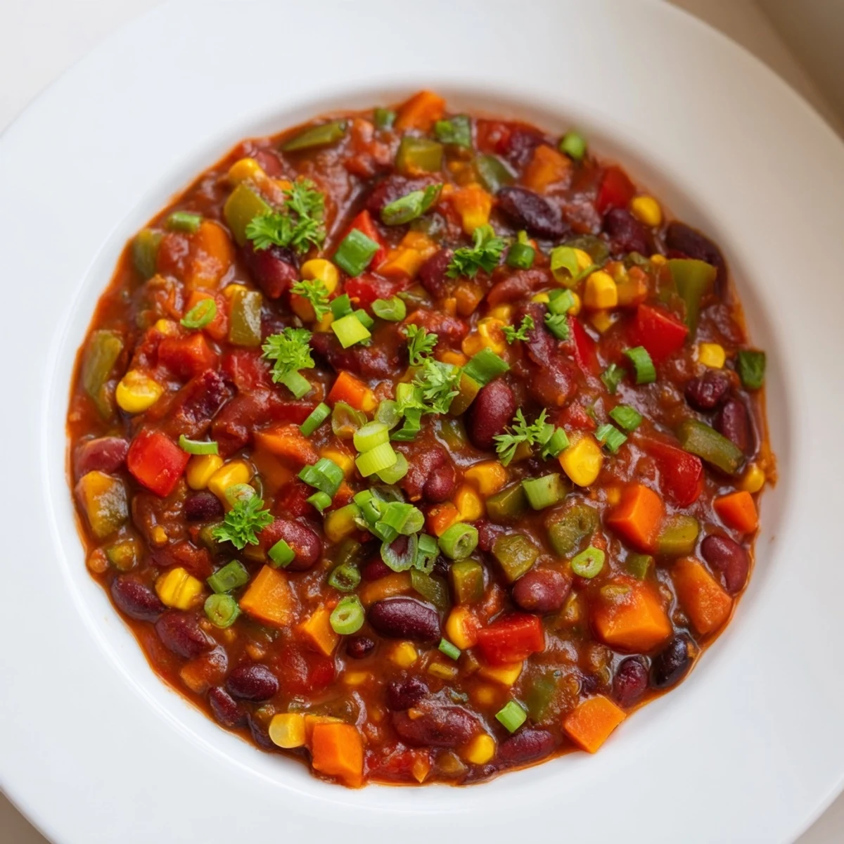 A close-up of a bubbling veggie chili, rich in color and thick with beans and vegetables.