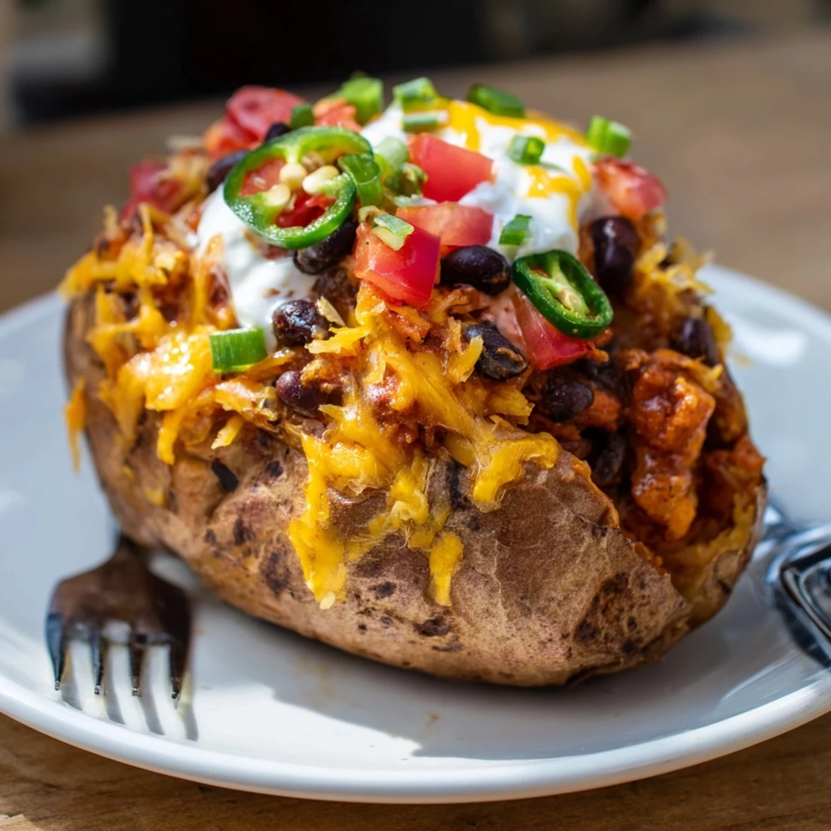 Close-up of a loaded baked potato with chili, overflowing with melted cheese and fresh green onions.