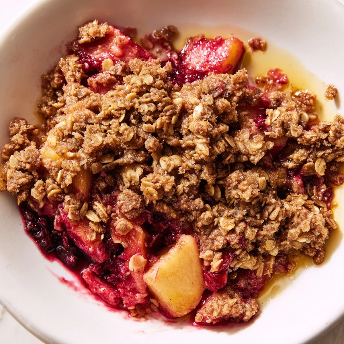 Warm, bubbly Fruit Crisp with frozen peaches and a buttery oat topping fresh from the oven.