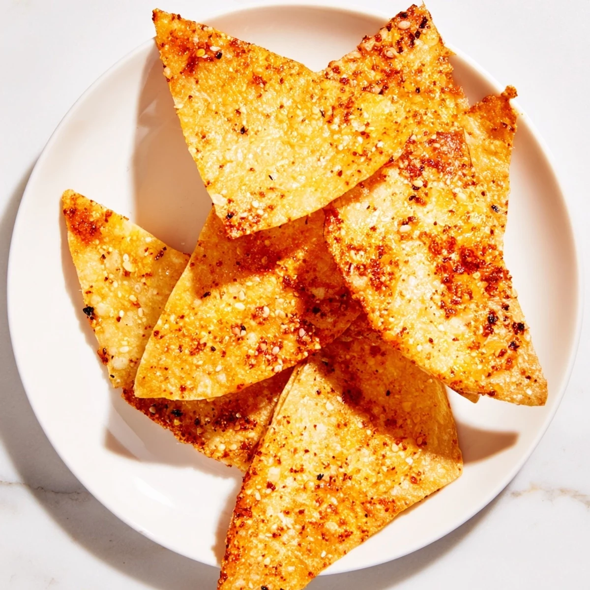 Close-up of air-fryer tortilla chips, perfect for a party appetizer, served alongside colorful salsa.
