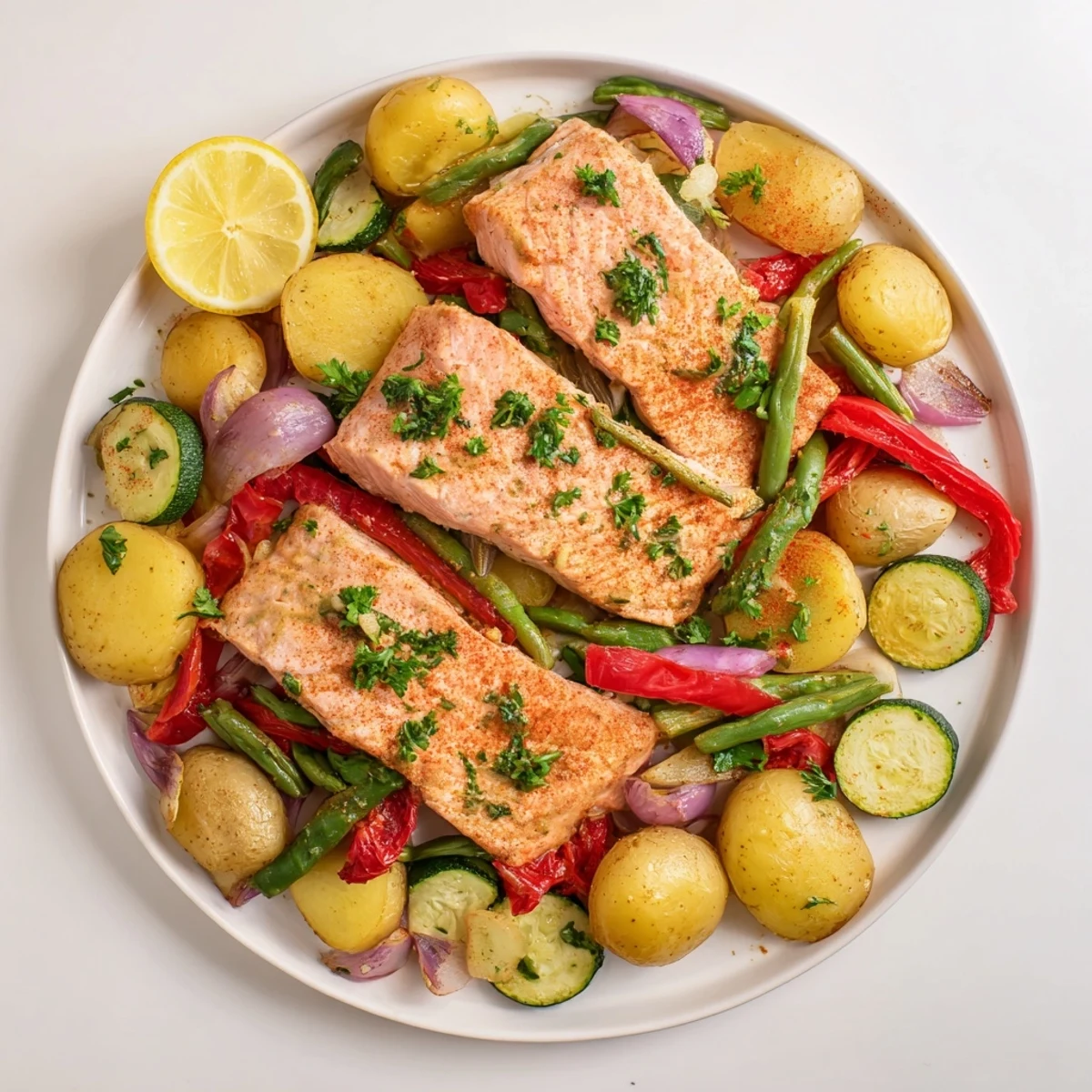 A colorful one-pan Salmon & Potato Skillet with herbs and lemon, perfect for a quick dinner.