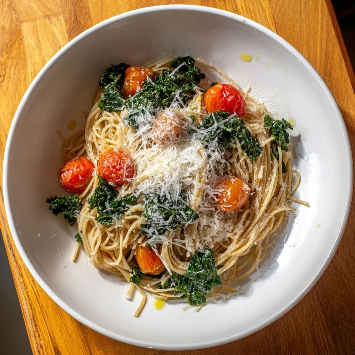 Steaming one-pot spaghetti with kale & tomatoes, a delicious Italian-inspired vegetarian meal served hot.