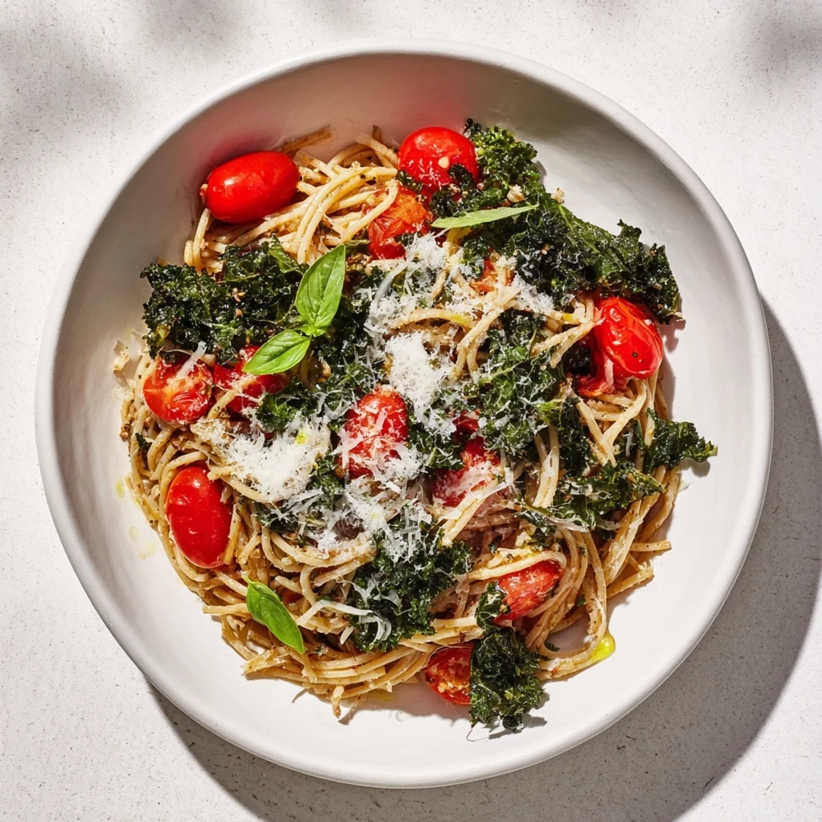 A close-up of vibrant one-pot spaghetti featuring kale, tomatoes and cheesy topping, ready to eat.