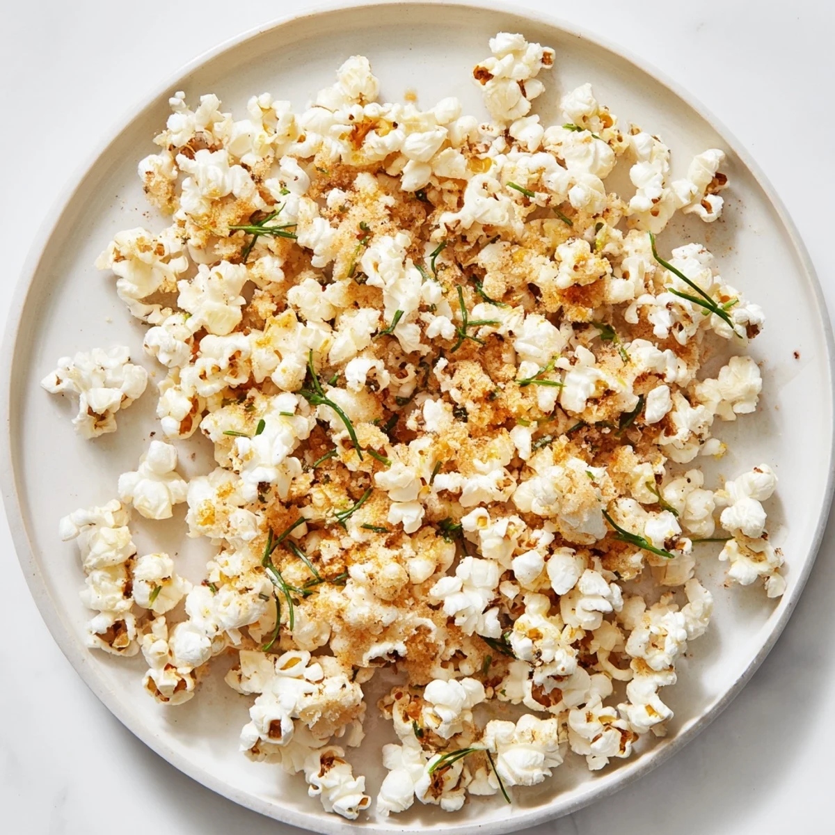 Golden, buttery savoury popcorn mix speckled with herbs and spices, ideal for a shareable snack board.