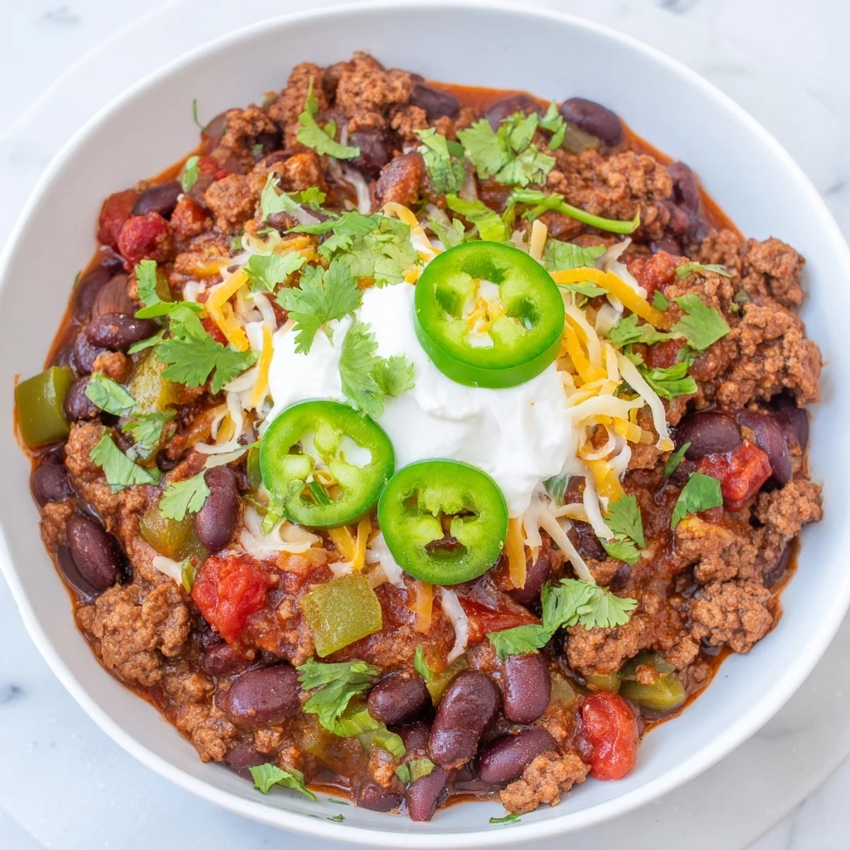 Steaming bowl of quick chili with canned beans, topped with fresh cilantro and a dollop of cream.