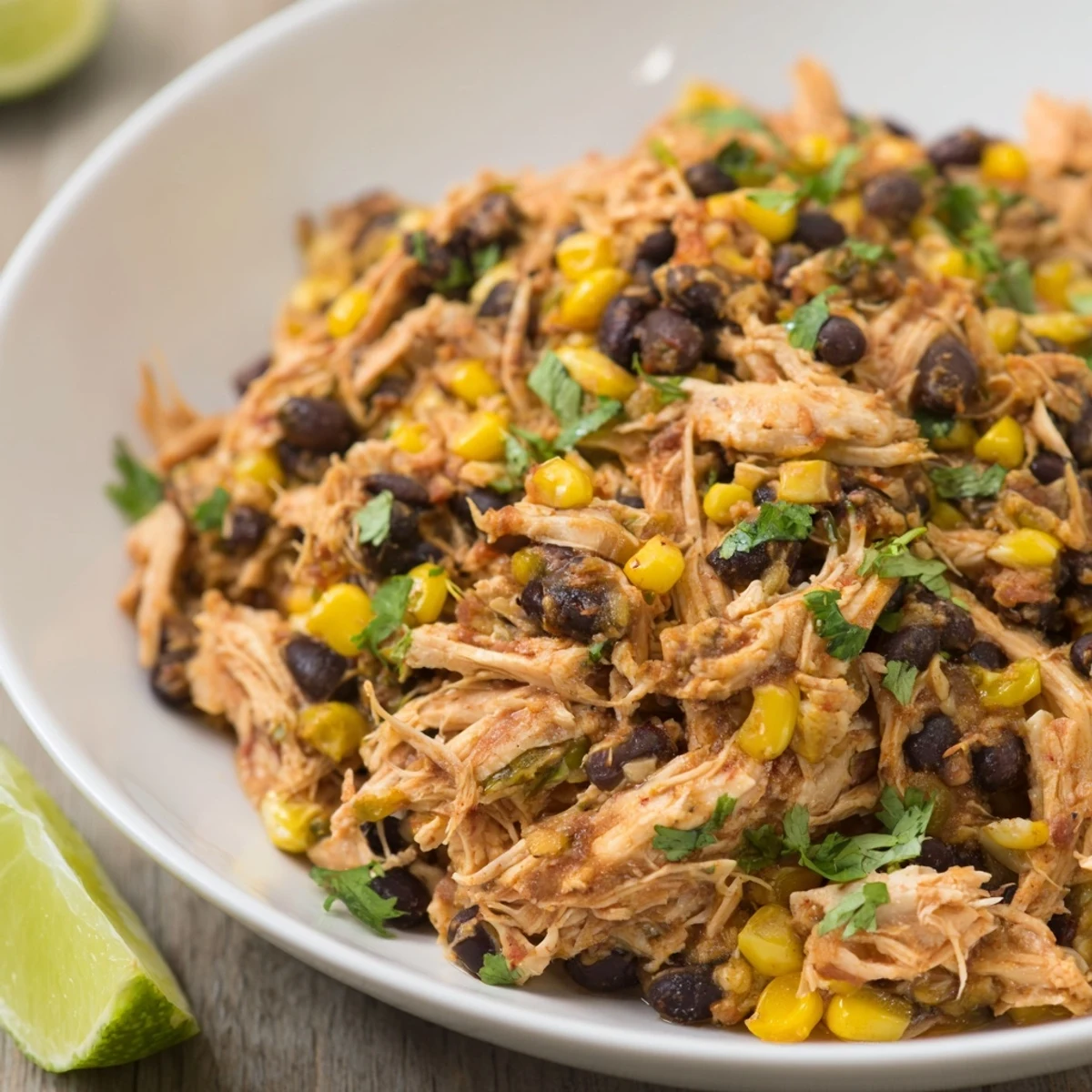 Slow cooker salsa chicken, vibrant red salsa coating tender chicken, ready for delicious tacos.