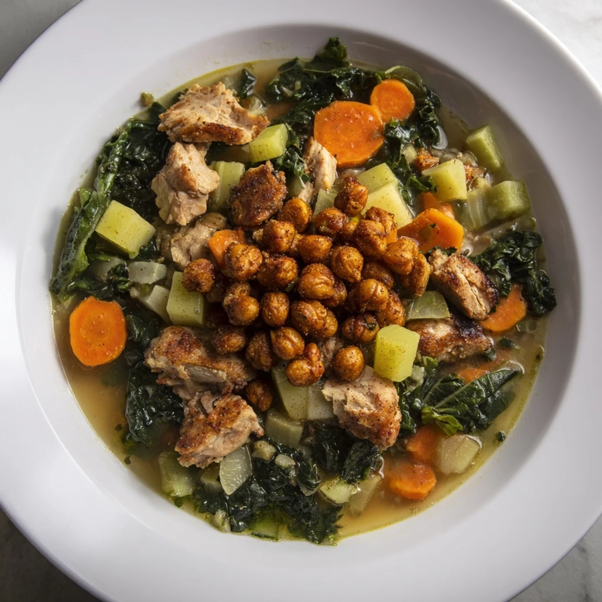Savory Chicken Kale Soup with crispy chickpeas, a comforting bowl filled with hearty ingredients.