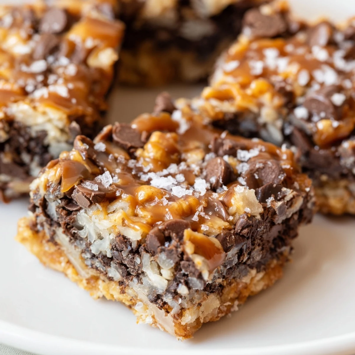 Golden-brown 7-Layer Magic Bars with a glossy salted caramel drizzle, ready to enjoy.