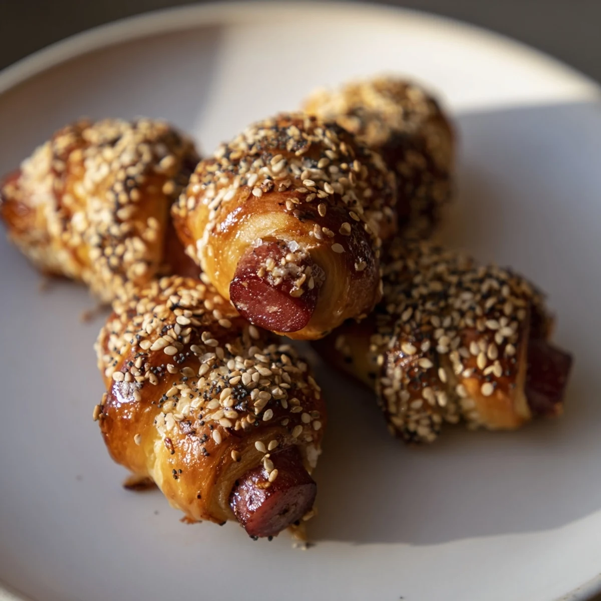 Delicious and savory Everything Bagel Pigs in a Blanket, ready to be dipped and enjoyed.