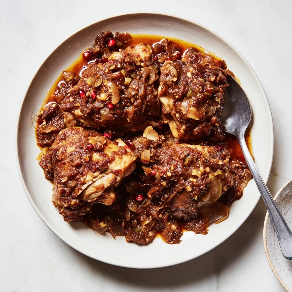 Tender chicken in a luscious Pomegranate Walnut Fesenjan stew, garnished with bright red pomegranate seeds.