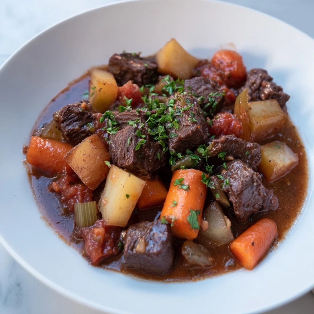 A close-up of steaming Instant Pot Beef Stew shows chunks of beef and root vegetables.